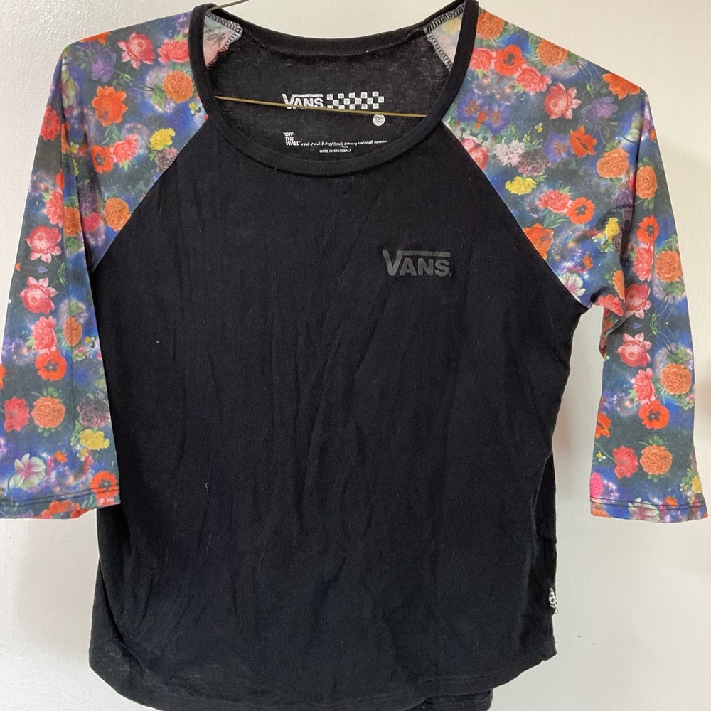 Baseball style t-shirt, 3/4 length sleeve, VANS, Small.  Black + floral.